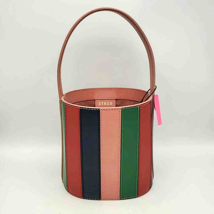 STAUD Pink Red & Blue Leather Pre Loved Stripe Bucket Purse