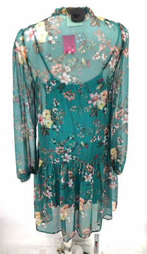 MAEVE - ANTHROPOLOGIE Green Pink Multi Floral Print Longsleeve Dress