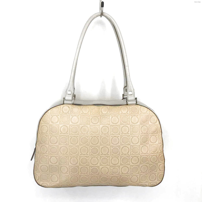 FERRAGAMO Cream White Leather Pre Loved Logo Print Shoulder Bag Purse