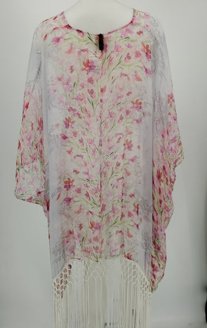 4 LOVE AND LIBERTY (JOHNNY WAS) Pink Beige Multi Floral Kimono Top