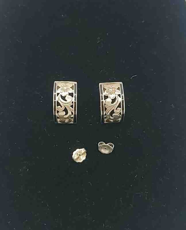 Black Sterling Silver Floral Half Hoop ss Earrings