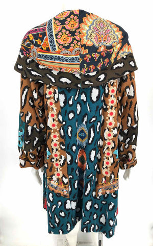 BIYA by JOHNNY WAS Brown Teal Multi Embroidered Trim Overcoat Jacket