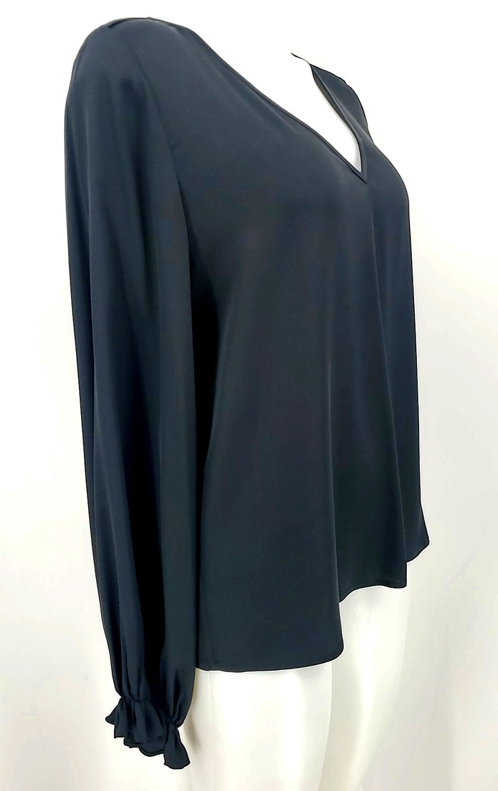 DVF - DIANE VON FURSTENBERG Black Silk & Spandex V-Neck Size 10  (M) Top