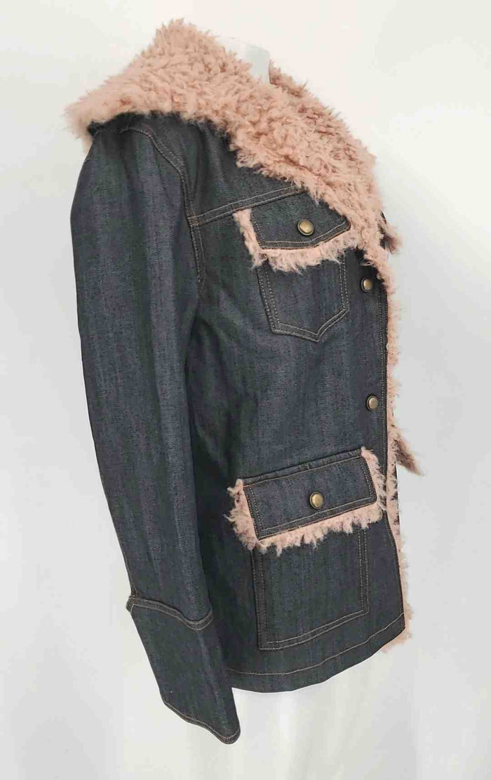 AVEC LES FILLES Blue Pink Cotton Denim Faux Shearling Buttons Jacket