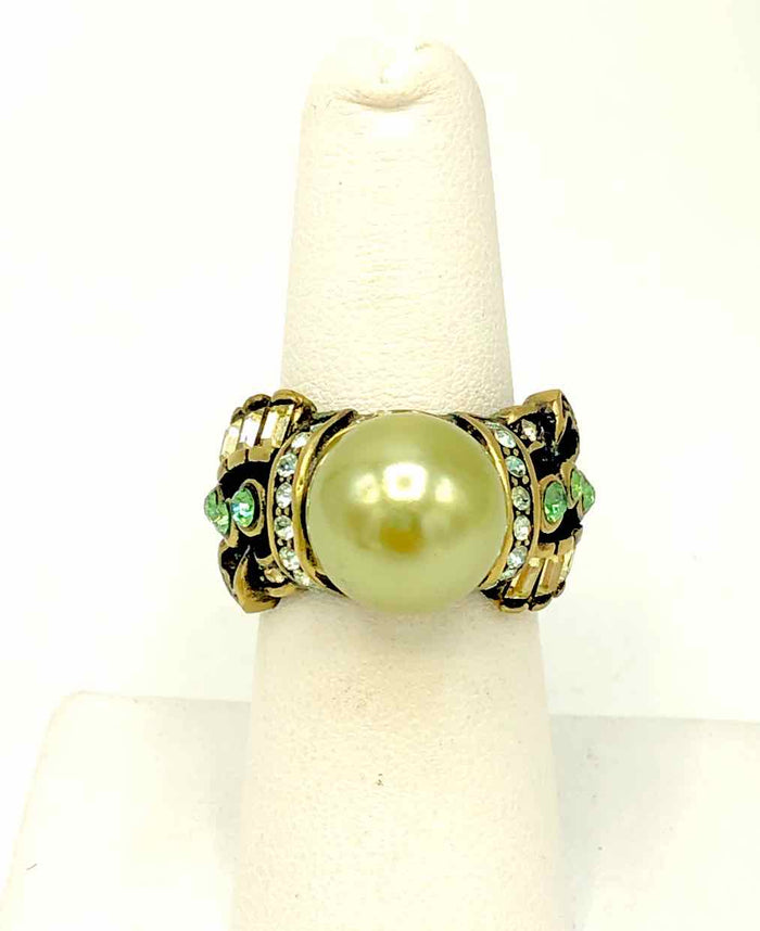 HEIDI DAUS Green Multi Brass Crystal Synthetic Pearl Pre Loved Ring Sz 7