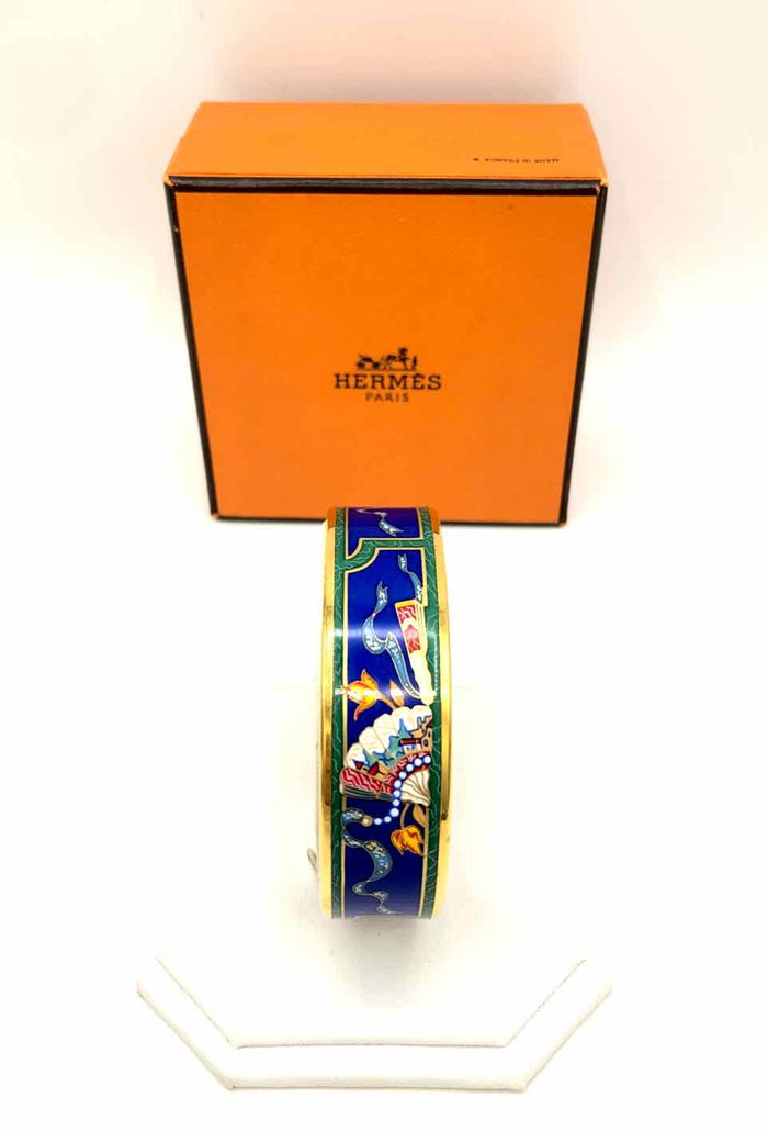 HERMES Blue & Green Goldtone Enamel Fan Shape Fan Print Bracelet