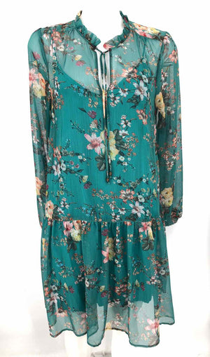 MAEVE - ANTHROPOLOGIE Green Pink Multi Floral Print Longsleeve Dress