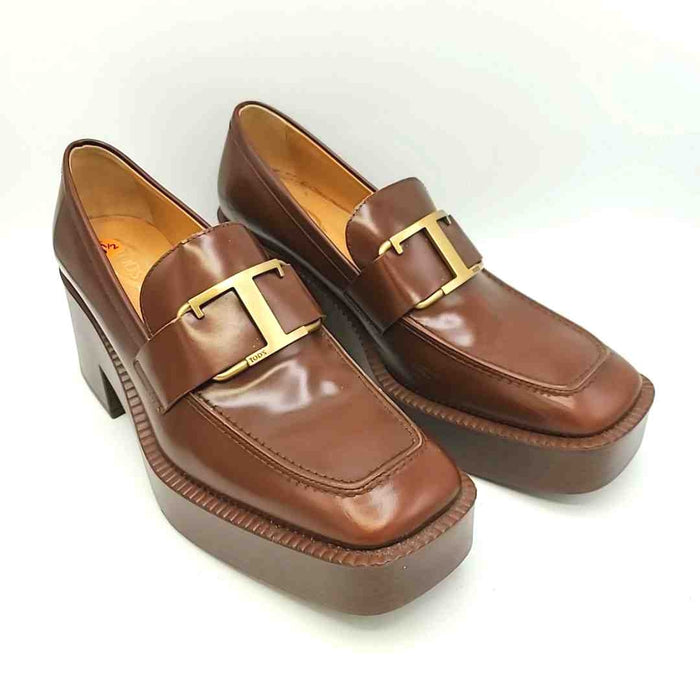 TODS Tan Gold Leather Square Toe Made in Italy Loafer Platform Shoes