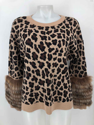 ALICE & OLIVIA Tan Black & Brown Knit Furry Trim Animal Print Sweater