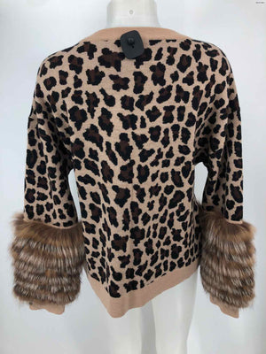 ALICE & OLIVIA Tan Black & Brown Knit Furry Trim Animal Print Sweater