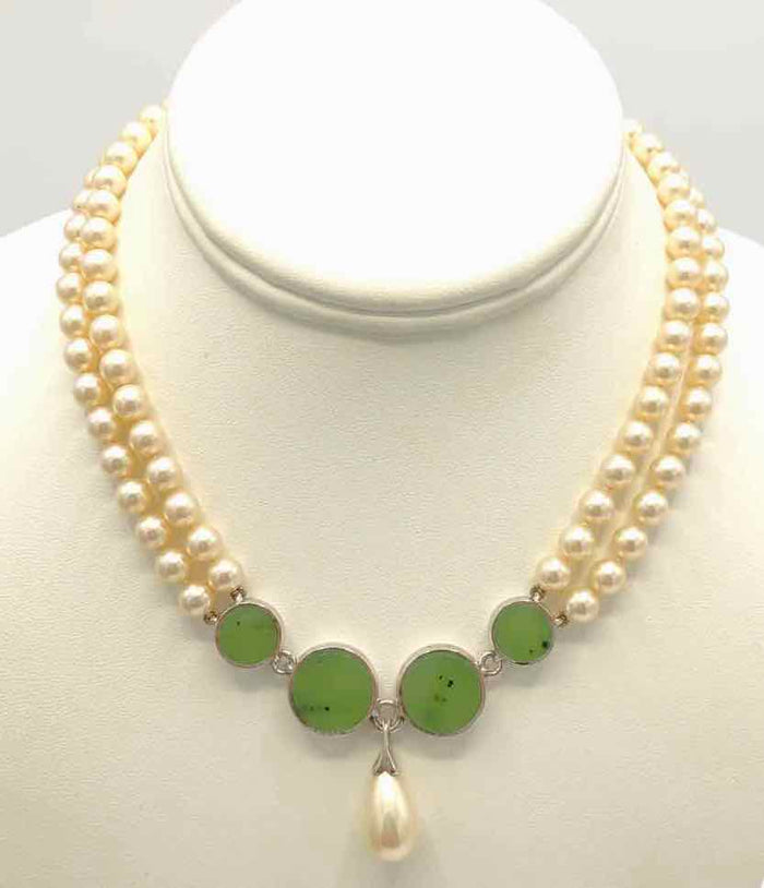 White Green Sterling Silver "Pearl" Double Strand 16" ss Necklace