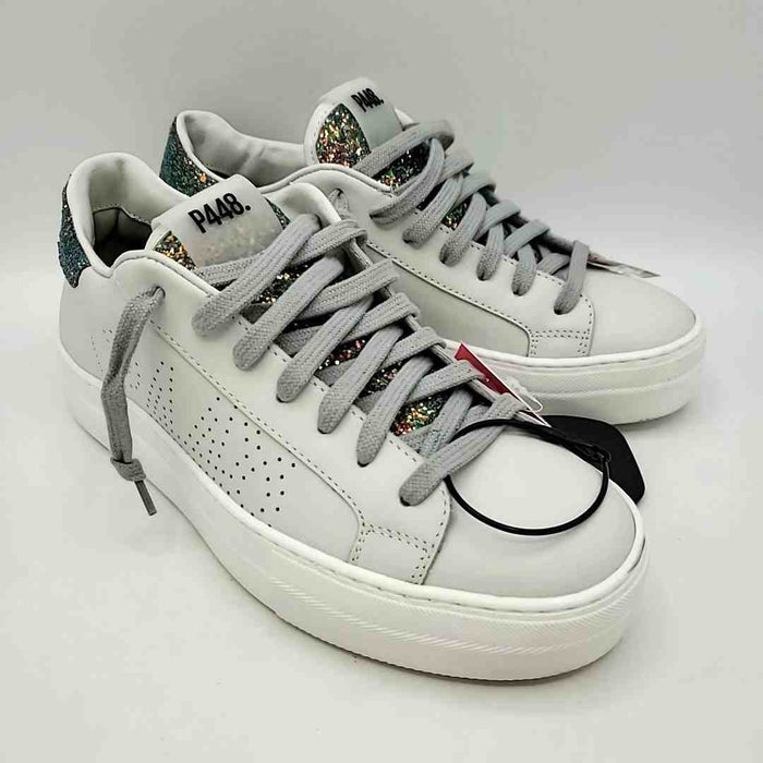 P448 White Iridescent Leather Made in Italy Glitter Sneaker Shoes