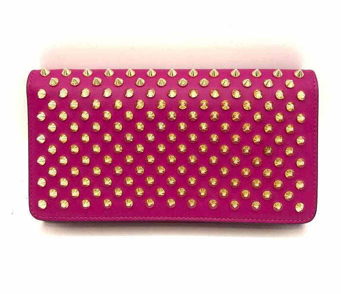 CHRISTIAN LOUBOUTIN Fuchsia Gold Leather Studded Wristlet Wallet