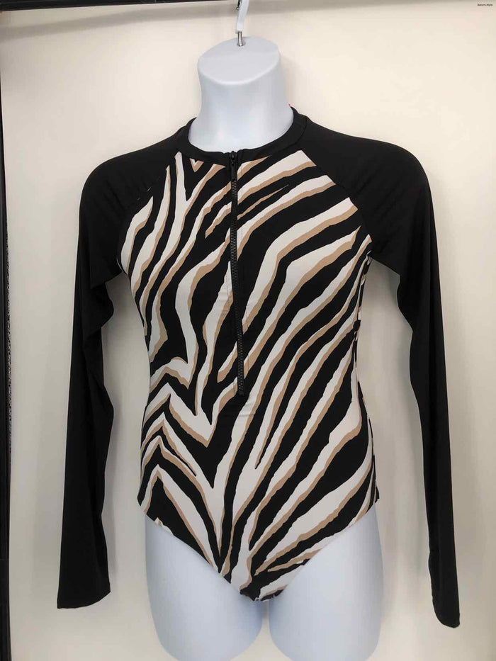 TRINA TURK Black & White Beige Size LARGE  (L) Animal Print Longsleeve Swimsuit
