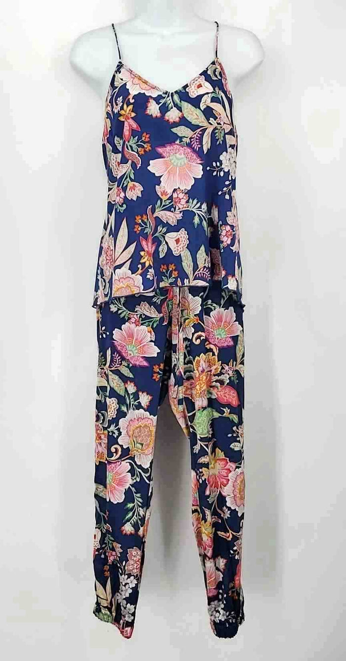 JOHNNY WAS Blue Pink Multi Silk Blend Floral Print Top & Pants 2PC Set