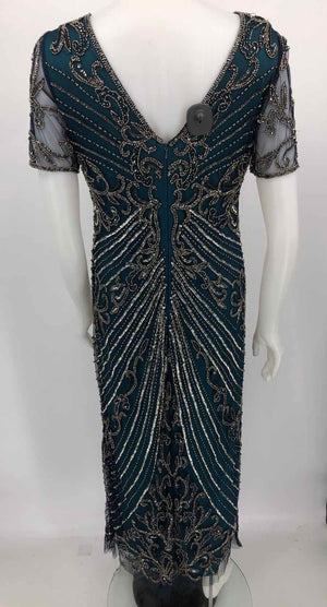 PISARRO NIGHTS Teal Silver Mesh Bead Trim Evening Gown Size 6  (S) Dress