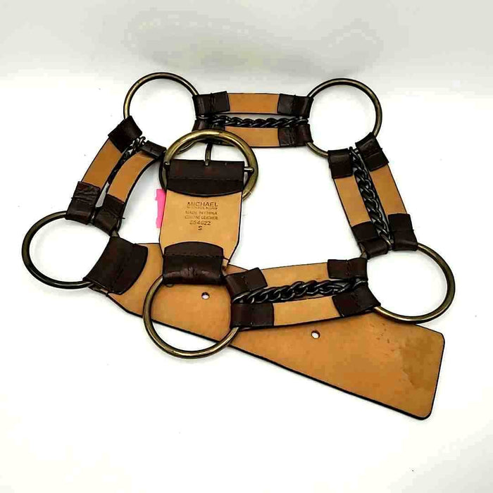 MICHAEL KORS Brown Brass Leather Pre Loved Rings Chain Belt