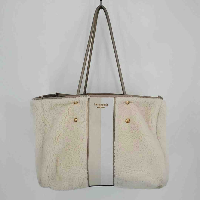 KATE SPADE Beige Taupe Faux Shearling Leather Trim Stripe Tote Purse