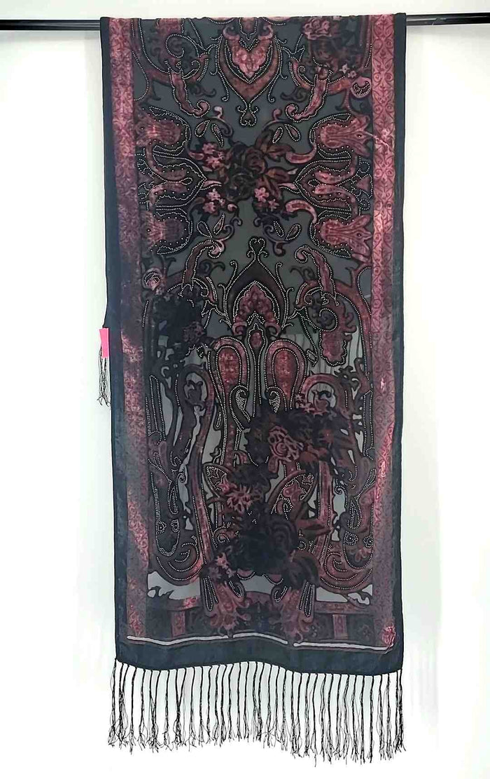 Burgundy Silk Burn Out Fringe Scarf