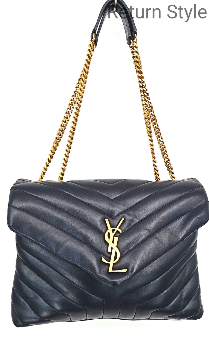 YSL - YVES ST LAURENT Navy Gold Leather Quilted Chain Trim Adjustable 12" Purse