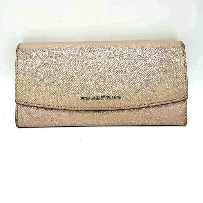 BURBERRY Pale Pink Silver Leather Pre Loved Shimmer Fold Over Wallet