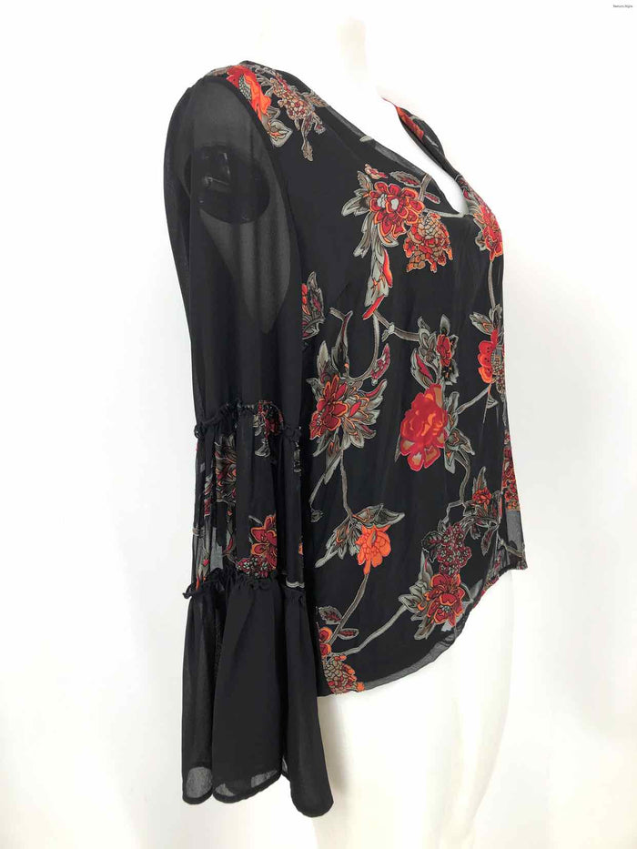 LOLA Black Red Multi Burnout Made in Italy Floral Bell Sleeves Top