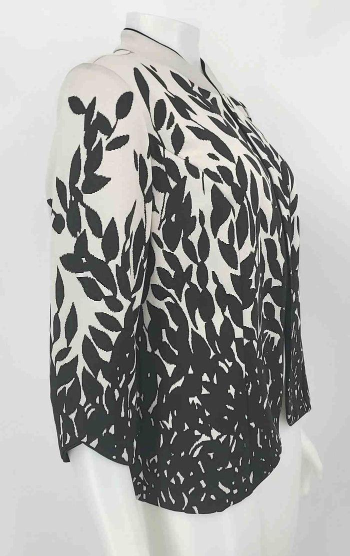 JOSEPH RIBKOFF White Black & Gray Knit Leaf Print Longsleeve Jacket