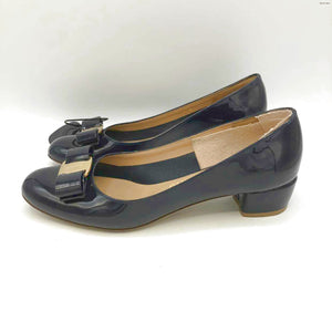 FERRAGAMO Midnight Blue Gold Patent Leather Italian Made Low Heel Shoes