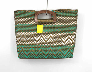 Olive Turquoise White Pre Loved Woven Tote Purse