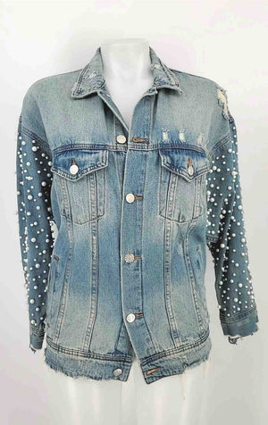 SUNSET + SPRING Lt Blue White Denim "Pearl" Trim Classic Jean Jacket Jacket