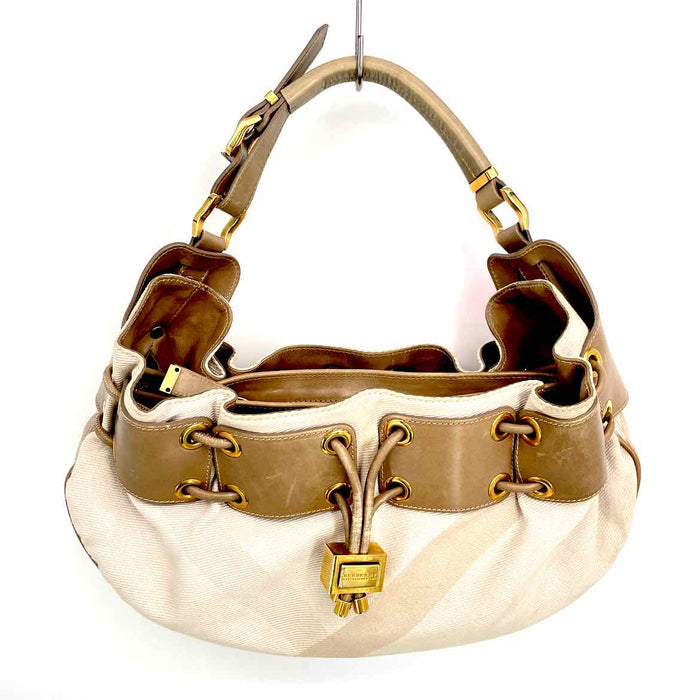 BURBERRY Cream Taupe Canvas Leather Trim Pre Loved Nova Check Shoulder Bag Purse