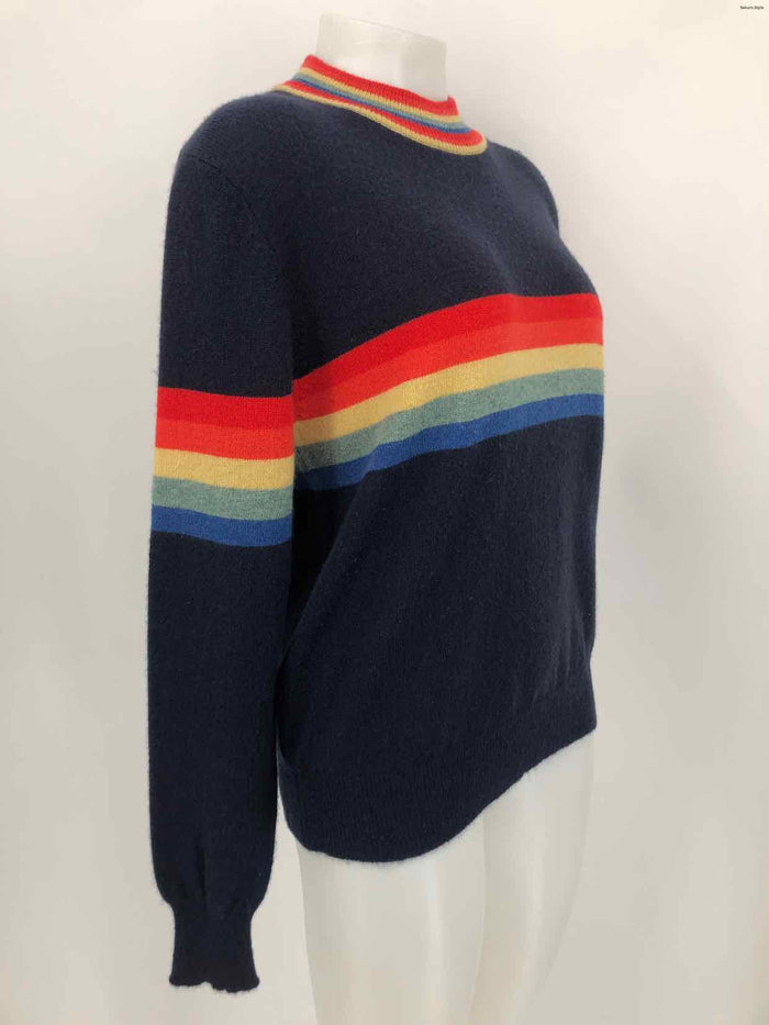 27 MILES MALIBU Navy Rainbow Cashmere Stripe Trim Size LARGE  (L) Sweater