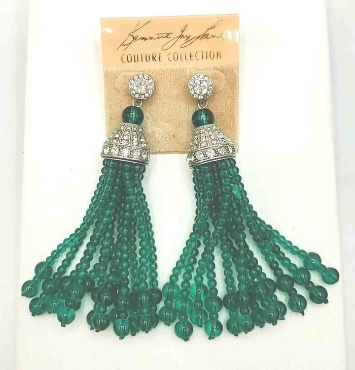 Kenneth Jay Lane Green Clear Glass Crystal Beaded Tassel Earrings