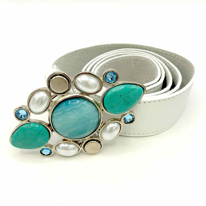 LEATHERROCK White Blue Leather Natural Stone Belt
