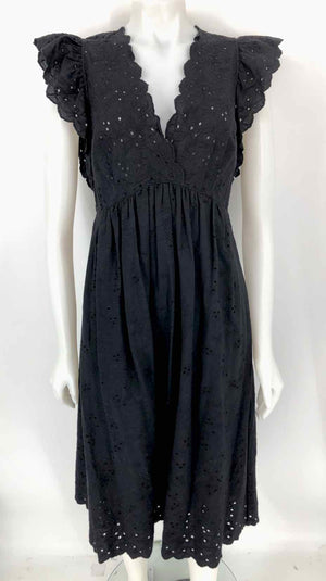 ULLA JOHNSON Black Cotton Eyelet Ruffle Sleeves Midi Size 10  (M) Dress