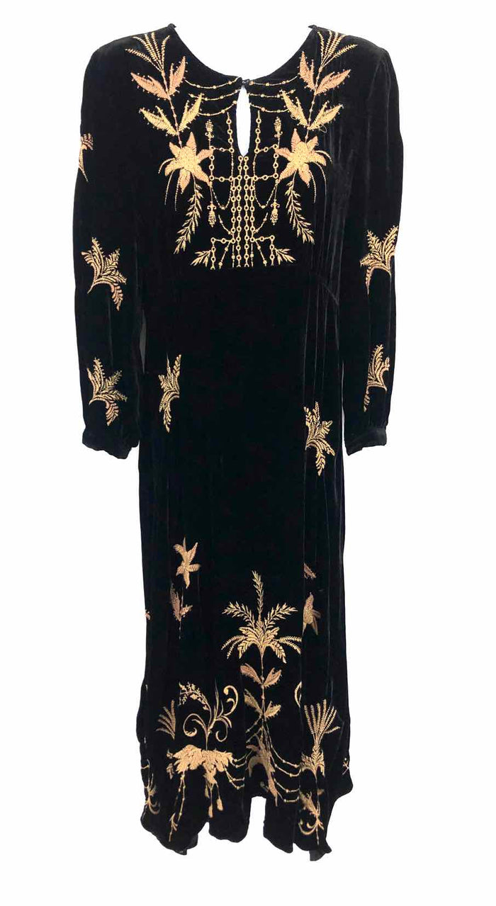 JOHNNY WAS Black Beige Velvet Embroidered Longsleeve Size X-SMALL Dress