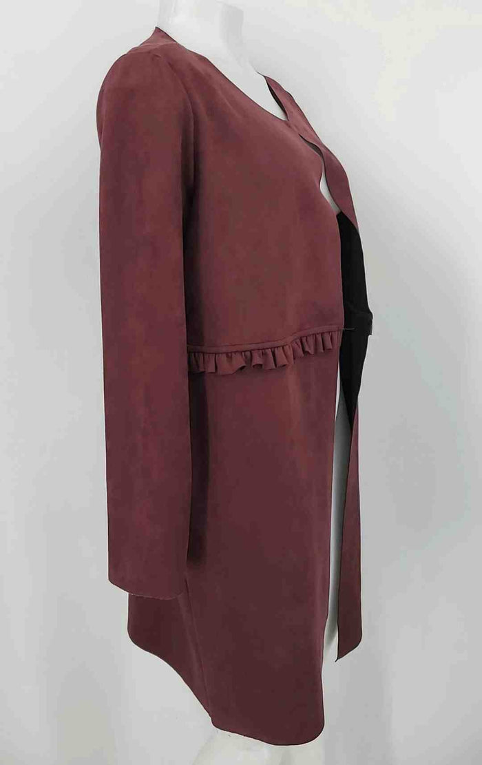 JOSEPH RIBKOFF Burgundy Ultra Suede Ruffle Trim Open Front Jacket