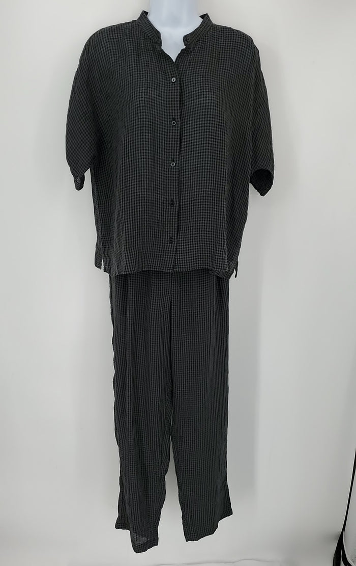 EILEEN FISHER Gray Black Organic Linen Gingham Top & Pants 2PC Set