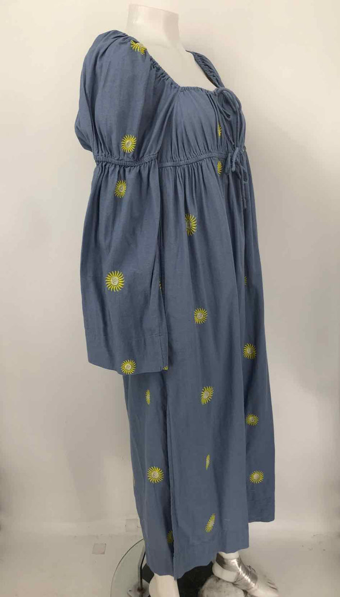 FREE PEOPLE Blue Gray Green Multi Cotton & Linen Embroidered Longsleeve Dress