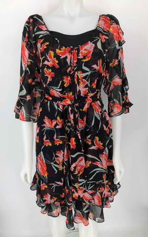 DVF - DIANE VON FURSTENBERG Black Pink Multi Silk Floral Longsleeve Dress