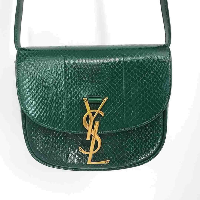 YSL - YVES ST LAURENT Green Goldtone Leather Pre Loved Reptile Pattern Purse