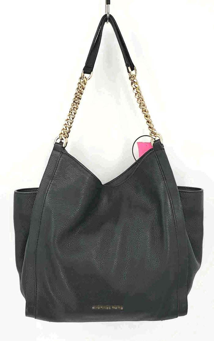 MICHAEL KORS Black Goldtone Leather Pre Loved Chain Trim Shoulder Bag 11" Purse