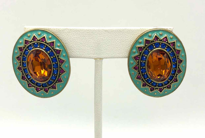 HEIDI DAUS Turquoise Orange Multi Enamel Crystal Pre Loved Oval Earrings