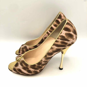 MANOLO BLAHNIK Tan Pink Calf Hair Peep-Toe Made in Italy Animal Print Shoes