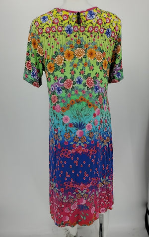 JOHNNY WAS Green Blue Multi Floral Short Sleeves Size LARGE  (L) Dress