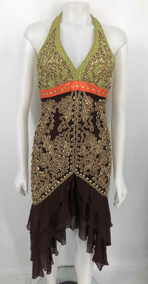 SUE WONG Lime Green Brown Textured Halter Size 8  (M) Dress