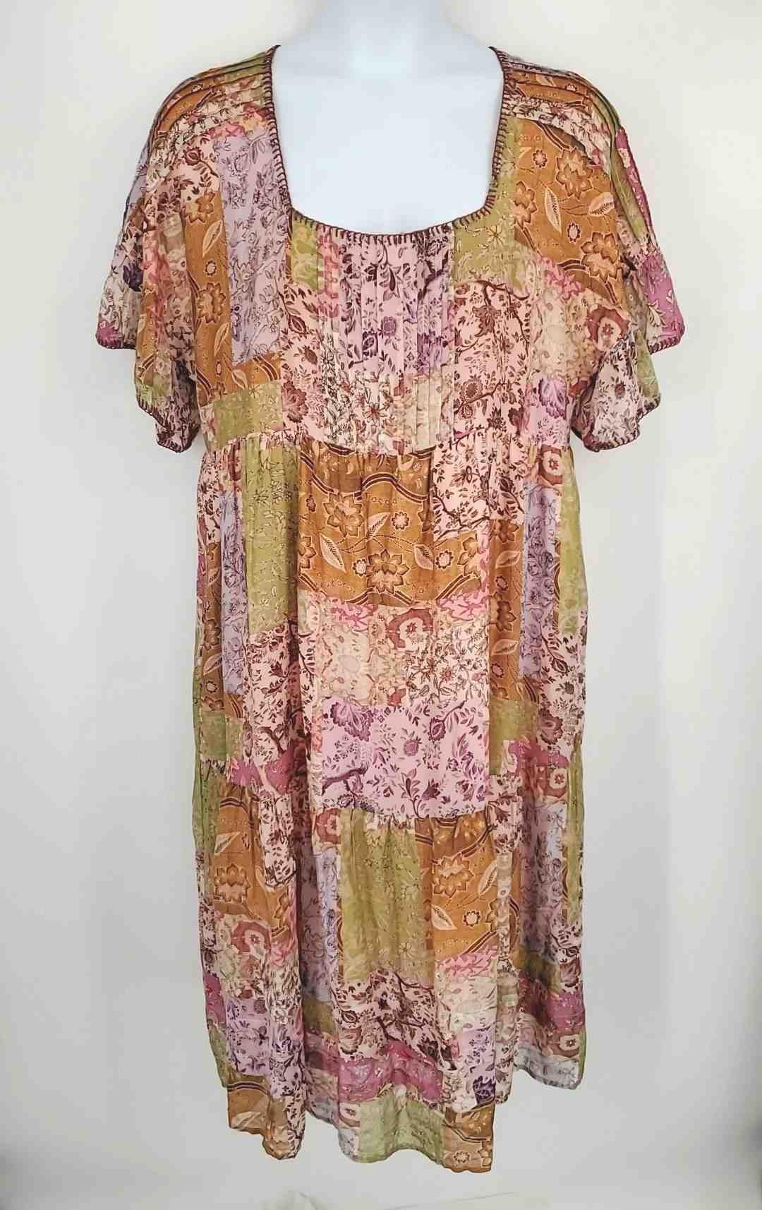 JOHNNY WAS Pink Green Multi Cotton & Silk Patchwork Short Sleeves Dress