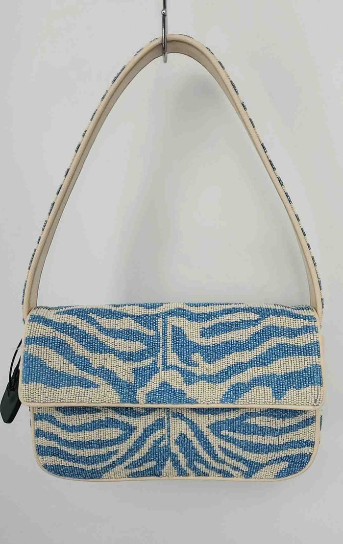 STAUD White Blue Beaded Pre Loved Zebra Print Shoulder Bag Purse