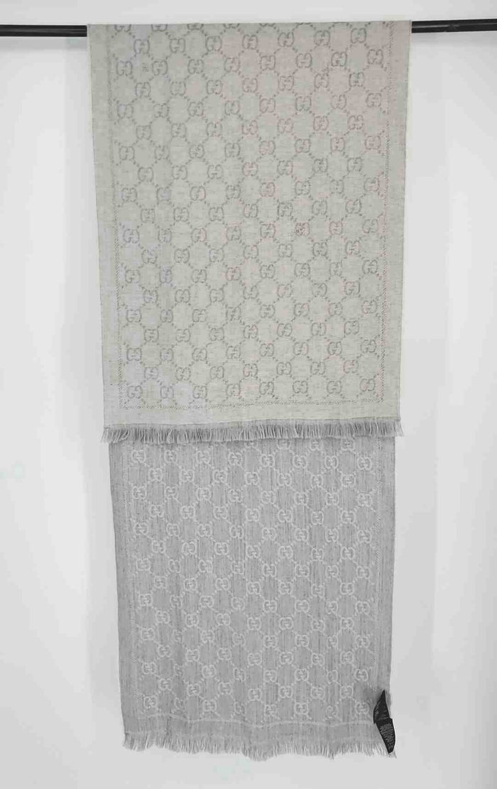GUCCI Gray Knit Wool Pre Loved, Repaired Monogram Frayed Edges Scarf