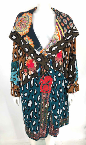 BIYA by JOHNNY WAS Brown Teal Multi Embroidered Trim Overcoat Jacket